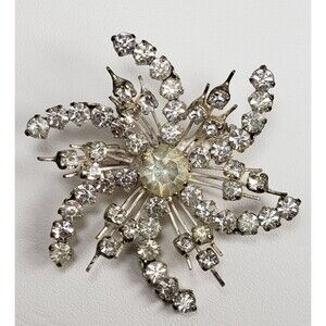 Vintage Unsigned Tiered Silver Tone White Rhinestone Crystal Snowflake Brooch